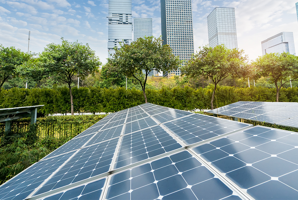 Solar panels in a city surrounded by trees and greenery